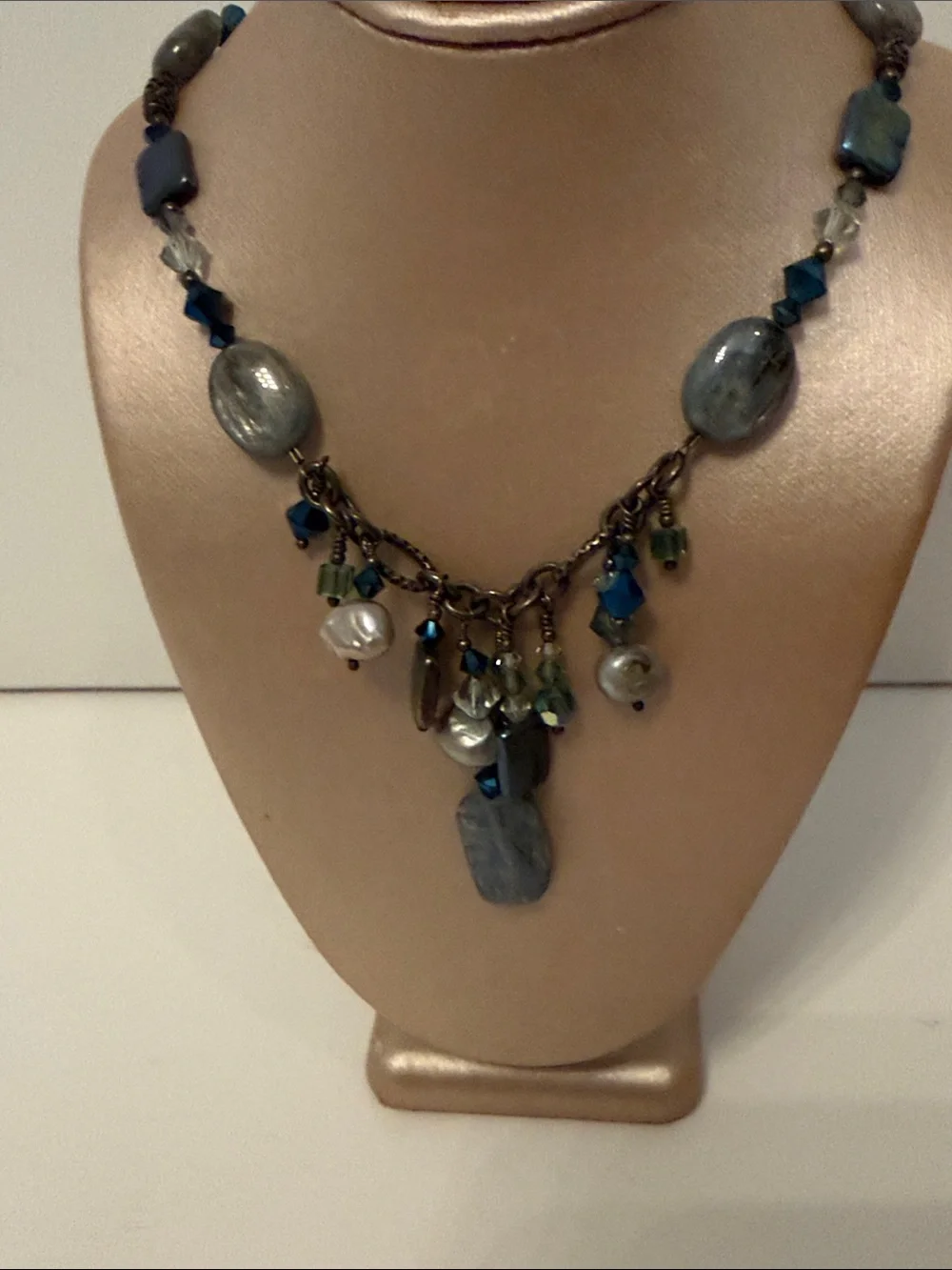 TRES JOLIE NECKLACE PEARL BLUE BEADED SWAROVSKI CRYSTAL STERLING SILVER 16”